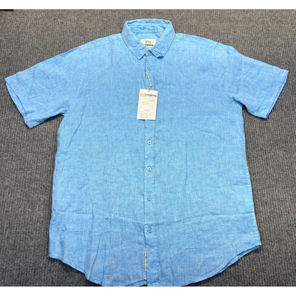 Bigbang Greece Hellas Mens XXL Blue 100% Linen Short Sleeve Button Down Shirt